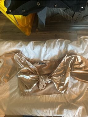 SHEIN Champagne Satin Knot-Front Puff Sleeve Crop Top
